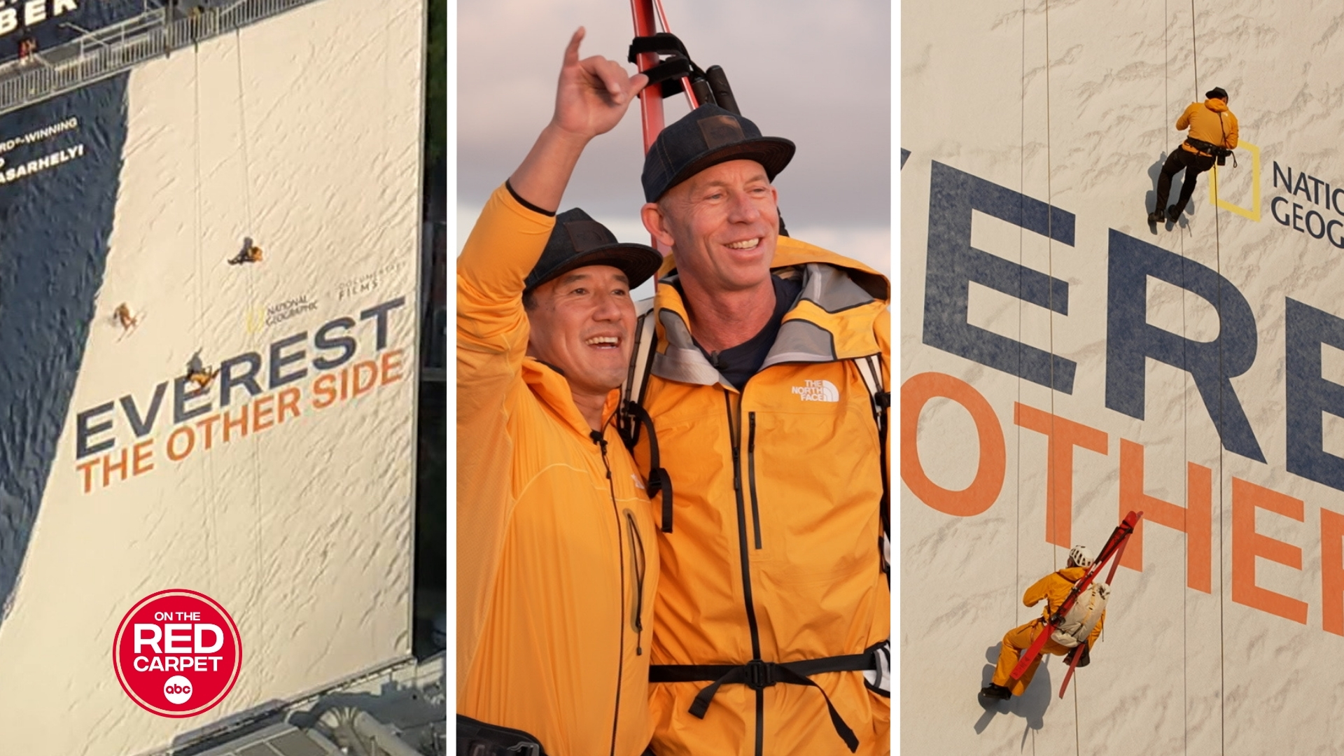 Filmmakers Jimmy Chin and Jim Morrison rappel down a billboard in King of Prussia.